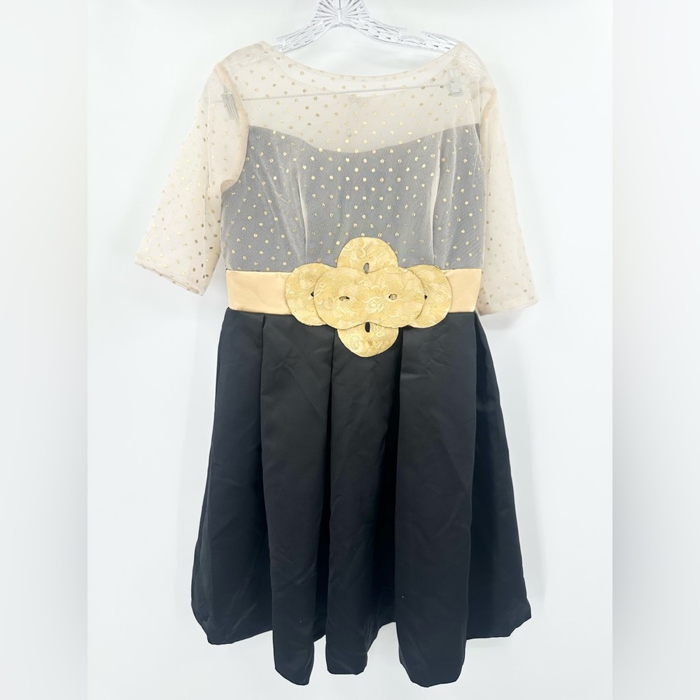 LT LanTing Black Mini Dress w/ Gold Mesh Top & Statement Belt NWT Size 10